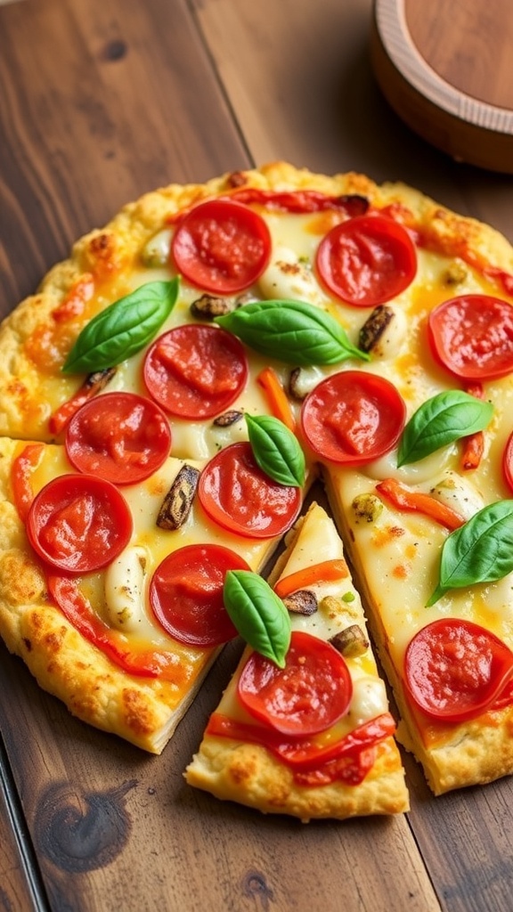 Cauliflower crust pizza with cheese, pepperoni, and vegetables on a rustic table.